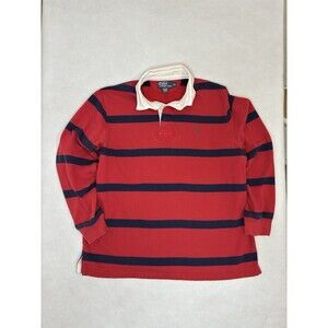 VTG Polo Ralph Lauren Fleece Rugby Shirt XL Red Navy Striped Pony Grommet 90s